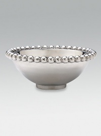 This rounded bowl in handcrafted of sandcast recycled aluminum has a pretty beaded rim. From the use of these raw materials to the design process, every step is ecologically sound, contributing to a cleaner environment. From the String of Pearls Collection 2¼H X 6D Wipe clean Imported This rounded bowl in handcrafted of sandcast recycled aluminum has a pretty beaded rim. From the use of these raw materials to the design process, every step is ecologically sound, contributing to a cleaner environment. From the String of Pearls Collection 2¼H X 6D Wipe clean Imported