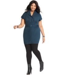 Stay chic in cooler temps with Extra Touch's short sleeve plus size tunic sweater, cinched by a belted waist. Stay chic in cooler temps with Extra Touch's short sleeve plus size tunic sweater, cinched by a belted waist.