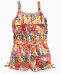 Feeling frilly? Your little beauty will blossom in this lovely floral romper from Kids Headquarters. Feeling frilly? Your little beauty will blossom in this lovely floral romper from Kids Headquarters.