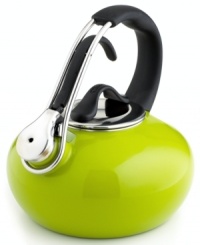 This innovative tea kettle throws you for a loop with its polished enamel coating that brings a little excitement and color to your kitchen. With a sweeping handle that arcs high above its body, this kettle knows the importance of high design and total functionality. The clever bell-shaped design helps induce heat for faster boiling. Limited warranty. This innovative tea kettle throws you for a loop with its polished enamel coating that brings a little excitement and color to your kitchen. With a sweeping handle that arcs high above its body, this kettle knows the importance of high design and total functionality. The clever bell-shaped design helps induce heat for faster boiling. Limited warranty.