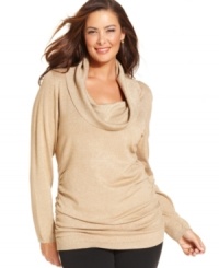 'Tis the season to sparkle in Alfani's cowlneck plus size sweater, crafted from a metallic knit.