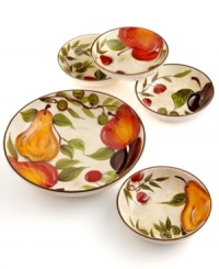 A beautiful fruit pattern in versatile stoneware gives the Bella Napoli pasta bowl set a rustic, casual elegance that's ideal for every day. A beautiful fruit pattern in versatile stoneware gives the Bella Napoli pasta bowl set a rustic, casual elegance that's ideal for every day.