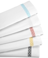 Tone down the bold, modern patterns and colors of Trina Turk's comforter sets with this white sheet set, featuring pure 400-thread count cotton and a black decorative pattern along the hem for a touch of style. Tone down the bold, modern patterns and colors of Trina Turk's comforter sets with this white sheet set, featuring pure 400-thread count cotton and a black decorative pattern along the hem for a touch of style.