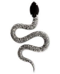 Quite striking. Judith Jack's brooch is crafted from sterling silver with marcasite (9/10 ct. t.w.) and onyx (2-7/10 ct. t.w.) adding a bold touch to the snake motif. Approximate length: 3 inches. Quite striking. Judith Jack's brooch is crafted from sterling silver with marcasite (9/10 ct. t.w.) and onyx (2-7/10 ct. t.w.) adding a bold touch to the snake motif. Approximate length: 3 inches.