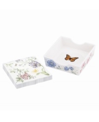With all the springtime whimsy as Butterfly Meadow dinnerware, this Lenox napkin holder keeps country tables tidy in clean white porcelain with pretty blue napkins. With all the springtime whimsy as Butterfly Meadow dinnerware, this Lenox napkin holder keeps country tables tidy in clean white porcelain with pretty blue napkins.