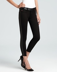 Take these chic, tuxedo pant-inspired Hudson jeans straight downtown--luxe leather touches add a hard rock spin to these attention-stealing skinnies. Take these chic, tuxedo pant-inspired Hudson jeans straight downtown--luxe leather touches add a hard rock spin to these attention-stealing skinnies.