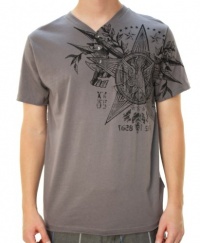 Retrofit Men's 1/4 Button Up V-Neck Embellished T-Shirt Gray Retrofit Men's 1/4 Button Up V-Neck Embellished T-Shirt Gray