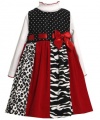 Red Solid and Print Panel Corduroy Jumper Dress RD3SI,Bonnie Jean Little Girls Jumper Dress
