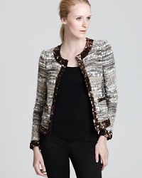 Timeless tweed is given a glamorous update with sparkling sequins in this ultra-chic Gryphon jacket. Timeless tweed is given a glamorous update with sparkling sequins in this ultra-chic Gryphon jacket.
