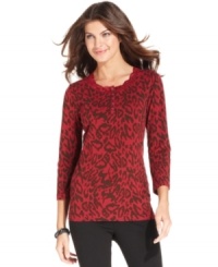 Jones New York Signature's henley top offers easy style at a low price. Lace trim at the neckline and a punchy animal print make it anything but basic! Jones New York Signature's henley top offers easy style at a low price. Lace trim at the neckline and a punchy animal print make it anything but basic!
