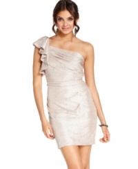 Hailey Logan designs a party dress replete with stunning details, from the cascading ruffle at the shoulder to the luminous finish! Hailey Logan designs a party dress replete with stunning details, from the cascading ruffle at the shoulder to the luminous finish!