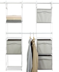 Meet your dream closet. It's easy to add extra shelving and hanging space to your cluttered closet-no tools or installation required. This innovative set simply attaches to your existing shelf & nearly doubles your space & organizes it, too. Creating double hanging area for skirts, shorts and more & sorting accessories in versatile fabric cubbies, this system simplifies your style. 1-year warranty.