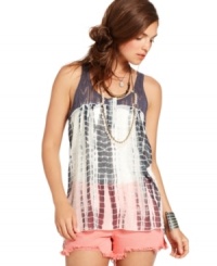 Lace and tie dye make a girly boho statement on this Free People tank -- perfect over the season's bright bottoms! Lace and tie dye make a girly boho statement on this Free People tank -- perfect over the season's bright bottoms!
