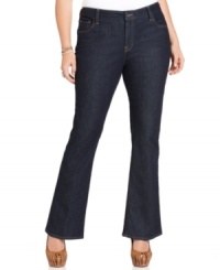 A sleek dark wash finishes Lucky Brand Jeans' plus size boot cut jeans-- look slim and sensational this season! A sleek dark wash finishes Lucky Brand Jeans' plus size boot cut jeans-- look slim and sensational this season!