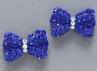 Large 3/4 Wide Bling Bow Stud Earrings with Sparkling Blue Austrian Crystals - Silver Rhodium Plated