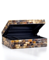 Raw mother-of-pearl chips give this jewelry box a rustic edge that's straight from the sea. Featuring a mirror inside the lid and lined interior with compartments for rings, bracelets and more. Raw mother-of-pearl chips give this jewelry box a rustic edge that's straight from the sea. Featuring a mirror inside the lid and lined interior with compartments for rings, bracelets and more.