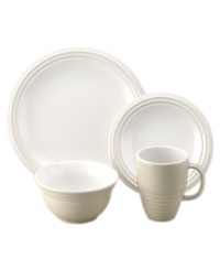 Like a creamy cup of cappuccino, this Pfaltzgraff dinnerware and dishes set couples a soft beige hue and milky white surface to warm and restore the casual table. Subtle ribbing defines simple, contemporary forms. Includes service for 4. Like a creamy cup of cappuccino, this Pfaltzgraff dinnerware and dishes set couples a soft beige hue and milky white surface to warm and restore the casual table. Subtle ribbing defines simple, contemporary forms. Includes service for 4.