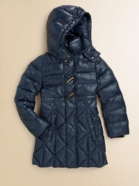 Quilted puffer styling teamed with stylish toggles make an adorable seasonal essential that your little one will love.Snap-off hoodThroat tabs with snapsPuffy stand collarQuilted alloverConcealed zip front with togglesLong sleeves with rib-knit cuffsDual front welt pocketsLogo detail on one pocketFully linedShell: polyamideFill: goose downDry cleanImported Quilted puffer styling teamed with stylish toggles make an adorable seasonal essential that your little one will love.Snap-off hoodThroat tabs with snapsPuffy stand collarQuilted alloverConcealed zip front with togglesLong sleeves with rib-knit cuffsDual front welt pocketsLogo detail on one pocketFully linedShell: polyamideFill: goose downDry cleanImported