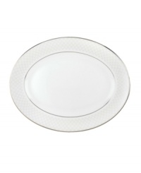 A sweet lace pattern combines with platinum borders to add graceful elegance to your tabletop. The classic shape and pristine white shade make this oval platter a timeless addition to any meal. From Lenox's dinnerware and dishes collection. A sweet lace pattern combines with platinum borders to add graceful elegance to your tabletop. The classic shape and pristine white shade make this oval platter a timeless addition to any meal. From Lenox's dinnerware and dishes collection.