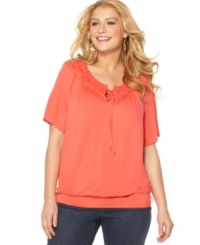 For a delightful weekend look, pair Cable & Gauge's short sleeve plus size top with your favorite jeans. For a delightful weekend look, pair Cable & Gauge's short sleeve plus size top with your favorite jeans.