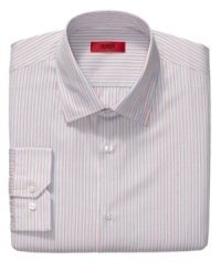 Crafted with a cool, clean stripe, this Hugo Boss slim-fit shirt easily sets itself apart. Crafted with a cool, clean stripe, this Hugo Boss slim-fit shirt easily sets itself apart.