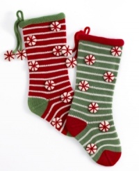 Knitted peppermints and stripes in this adorable Christmas stocking give any holiday setting a homespun feel. From Jabara. Knitted peppermints and stripes in this adorable Christmas stocking give any holiday setting a homespun feel. From Jabara.