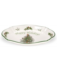 A new addition to the popular Christmas Tree collection from Spode serveware and serving dishes, this festive tray features an impeccably decorated evergreen tree that first graced tables in 1938. With a scalloped edge and the message, Happy Holidays. A new addition to the popular Christmas Tree collection from Spode serveware and serving dishes, this festive tray features an impeccably decorated evergreen tree that first graced tables in 1938. With a scalloped edge and the message, Happy Holidays.
