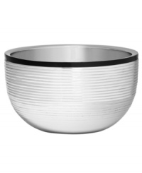 Vera Wang elevates cocktail hour with the deco-cool Debonair nut bowl. Ribbed stainless steel and slick black enamel create a look of vintage glamor that no party guests can resist. Vera Wang elevates cocktail hour with the deco-cool Debonair nut bowl. Ribbed stainless steel and slick black enamel create a look of vintage glamor that no party guests can resist.