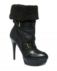 GUESS by Marciano's Raya booties feature faux shearling along the inside. Cuffed or uncuffed, these cute booties, with their major platform and heel, will add mega intensity to your look. GUESS by Marciano's Raya booties feature faux shearling along the inside. Cuffed or uncuffed, these cute booties, with their major platform and heel, will add mega intensity to your look.