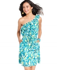 Colorful print creates an illusion of motion on BeBop's ruffled, one-shoulder day dress! Doll-up the frock with fun accessories for a look that suits your fresh style. Colorful print creates an illusion of motion on BeBop's ruffled, one-shoulder day dress! Doll-up the frock with fun accessories for a look that suits your fresh style.