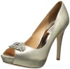 Badgley Mischka Women's Goodie Peep-Toe Pump,Platino Metallic Suede,6 M US