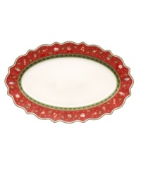 Play up the fun with this Toy's Delight oval platter from Villeroy & Boch. Fine porcelain in a playfully ruffled shape is trimmed with intricate patterns, classic toys and festive decorations to create magical holiday setting. Play up the fun with this Toy's Delight oval platter from Villeroy & Boch. Fine porcelain in a playfully ruffled shape is trimmed with intricate patterns, classic toys and festive decorations to create magical holiday setting.