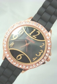 Geneva Black Rose Gold Numbers on Glass Silicone Crystal Large Face Watch