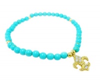 Fleur De Lis Charm Bracelet 14K Gold Vermeil with Genuine Turquoise Round Beads Women's Fashion Chic Jewelry Fleur De Lis Charm Bracelet 14K Gold Vermeil with Genuine Turquoise Round Beads Women's Fashion Chic Jewelry