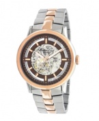 Peek behind the curtain with this exposed creation from Kenneth Cole New York. Timepiece crafted of rose-gold tone stainless steel bracelet and round ion-plated case with rose-gold tone bezel. Brown and rose-gold tone skeleton dial with transparent window that reveals automatic movement. Rose-gold tone stick indices at markers, logo and hands. Automatic movement. Water resistant to 30 meters. Limited lifetime warranty.
