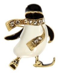 Go play in a winter wonderland with this charming penguin box pin from Jones New York. The fun design is styled with black and white detail and sparkling accents. Crafted in gold tone mixed metal. Approximate length: 1-3/4 inches. Includes gift box.