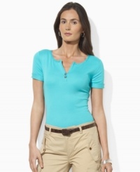 Lauren by Ralph Lauren's fine-ribbed cotton tee is infused with heritage details and finished with two Concho buttons at the placket. Lauren by Ralph Lauren's fine-ribbed cotton tee is infused with heritage details and finished with two Concho buttons at the placket.