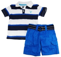 Company 81 Boys 2-7 Blue Striped Jersey Polo Shirt With Solid Belted Shorts Company 81 Boys 2-7 Blue Striped Jersey Polo Shirt With Solid Belted Shorts