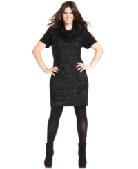 Shine this season in Extra Touch's short sleeve plus size sweater dress, featuring a metallic front. Shine this season in Extra Touch's short sleeve plus size sweater dress, featuring a metallic front.