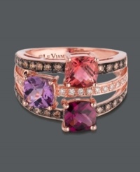 Add flourish with the ultimate in feminine design. Le Vian ring features layers of round-cut chocolate diamonds (1/3 ct. t.w.) and white diamonds (1/10 ct. t.w.) that highlight pink tourmaline (3/4 ct. t.w.), rhodalite (9/10 ct. t.w.) and amethyst (3/4 ct. t.w.). Setting crafted in 14k rose gold. Size 7. Add flourish with the ultimate in feminine design. Le Vian ring features layers of round-cut chocolate diamonds (1/3 ct. t.w.) and white diamonds (1/10 ct. t.w.) that highlight pink tourmaline (3/4 ct. t.w.), rhodalite (9/10 ct. t.w.) and amethyst (3/4 ct. t.w.). Setting crafted in 14k rose gold. Size 7.