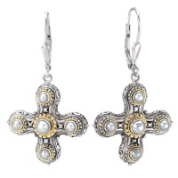 925 Silver, Freshwater Pearl Cross Earrings with 18k Gold Accents 925 Silver, Freshwater Pearl Cross Earrings with 18k Gold Accents