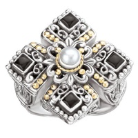 925 Silver, Freshwater Pearl & Onyx Cross Ring with 18k Gold Accents- Sizes 6-8 925 Silver, Freshwater Pearl & Onyx Cross Ring with 18k Gold Accents- Sizes 6-8