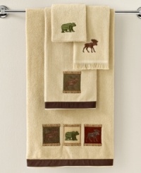The great outdoors. Taking inspiration from classic lodge motifs, the Eldorado fingertip towel gives your space a rustic atmosphere with applique bears, moose and deer all in a rich, woodsy color scheme. The great outdoors. Taking inspiration from classic lodge motifs, the Eldorado fingertip towel gives your space a rustic atmosphere with applique bears, moose and deer all in a rich, woodsy color scheme.