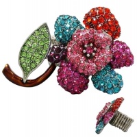 X-large Glamorous Multicolor Pink, Fuchsia, Turquoise, Red, Purple, Green Crystal Embellished Flower With Bronze Stem Samantha Ring - Spans Two Fingers- Silver Plated - Stretch Band X-large Glamorous Multicolor Pink, Fuchsia, Turquoise, Red, Purple, Green Crystal Embellished Flower With Bronze Stem Samantha Ring - Spans Two Fingers- Silver Plated - Stretch Band