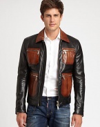 Two shades of supple leather, tailored in a bomber style and finished with bold zipper details.Point collarZip frontZipper patch pocketsZipper cuffsAbout 24 from shoudler to hemLeatherDry clean by leather specialistImported