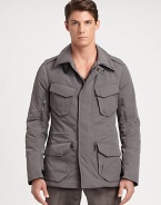 This jacket is skillfully crafted in a slim, contemporary silhouette from water-repellent microfiber for a modern, utilitarian-inspired vibe.Zip frontStand collarShoulder epaulettesOversized chest, waist flap pocketsZippered pockets at sleeveFully linedAbout 31 from shoulder to hem90% polyester/10% polyurethaneDry cleanImported