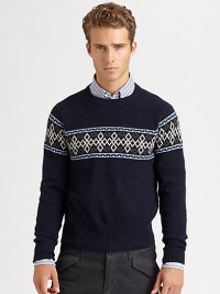 A modern style Nordic print pattern defines the body and shoulders of a cozy sweater knitted in superior wool.CrewneckRibbed knit collar, cuffs and hemWoolDry cleanImported A modern style Nordic print pattern defines the body and shoulders of a cozy sweater knitted in superior wool.CrewneckRibbed knit collar, cuffs and hemWoolDry cleanImported