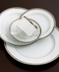 The neoclassical, geometric motif of the Athena Collection from Bernardaud Constance bring a modern allure to your table. Luminous bands of platinum ring this pattern while matte concentric squares dramatically accent the outer rims and create subtle texture and movement. The neoclassical, geometric motif of the Athena Collection from Bernardaud Constance bring a modern allure to your table. Luminous bands of platinum ring this pattern while matte concentric squares dramatically accent the outer rims and create subtle texture and movement.