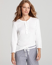 Lauren Ralph Lauren adds a feminine touch to this classic lounge top with a front ruffle and three-quarter sleeves. Lauren Ralph Lauren adds a feminine touch to this classic lounge top with a front ruffle and three-quarter sleeves.