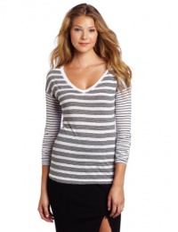 Three Dots Women's Stripe Long Sleeve V-Neck Top, White, Small Three Dots Women's Stripe Long Sleeve V-Neck Top, White, Small